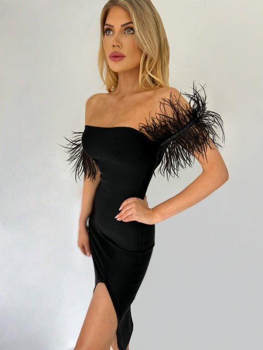 Janette Bandage midi dress with Feathers Straps