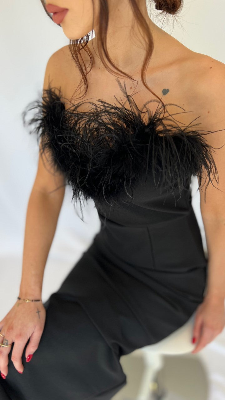 Angelika long Bandage Dress with Ostrich Feathers