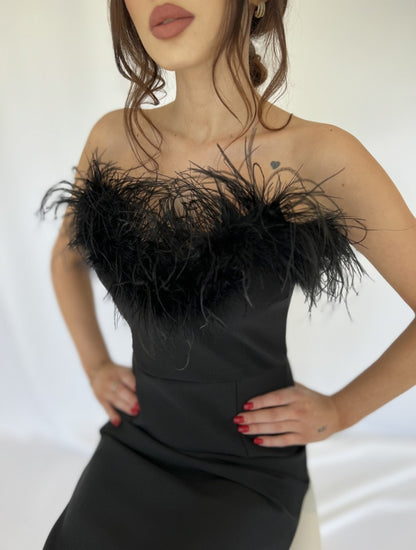 Angelika long Bandage Dress with Ostrich Feathers