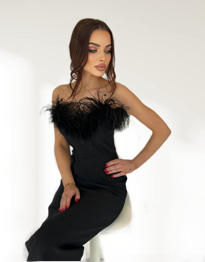 Angelika long Bandage Dress with Ostrich Feathers